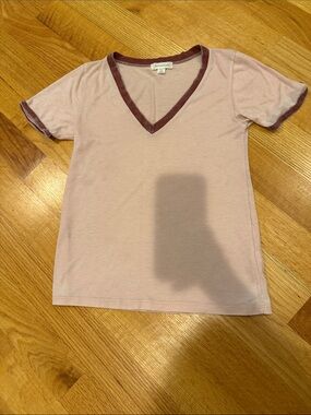 Women’s V-Neck Ringer Tee - Light Pink with Maroon Trim